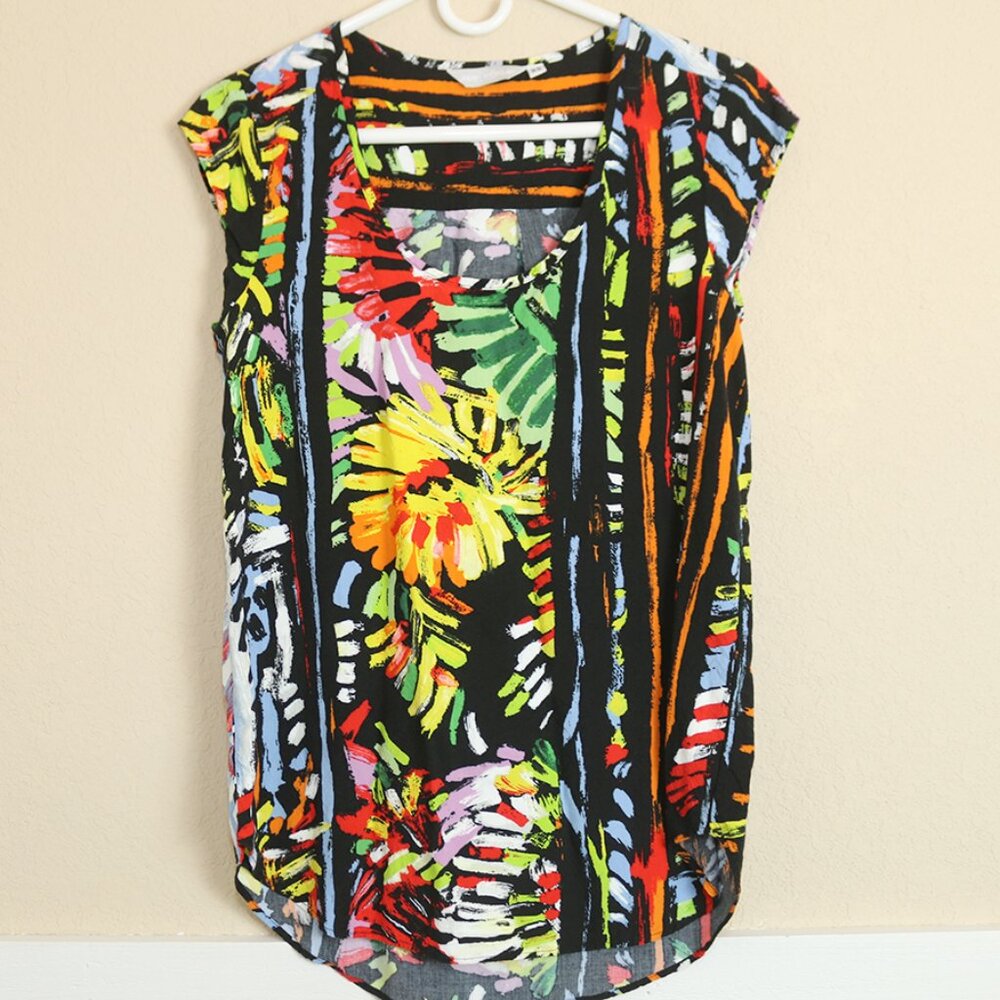 JAMS WORLD Womens Top Blouse Sleeveless Cap Sleeves Black Bold Print Floral XS